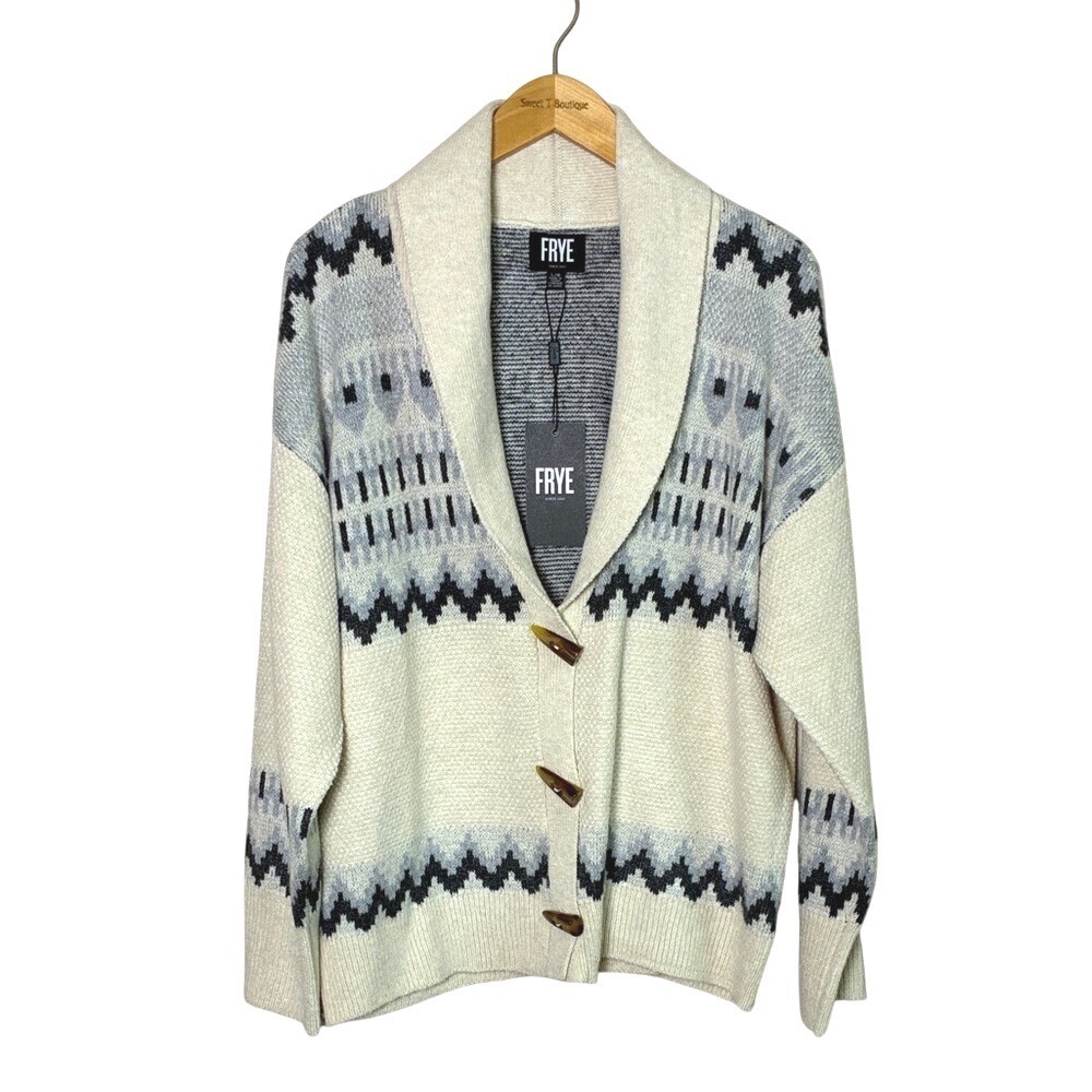 New FRYE Women Large Oatmeal Heather Combo Aztec Cardigan‎ Sweater Cozy Comfy